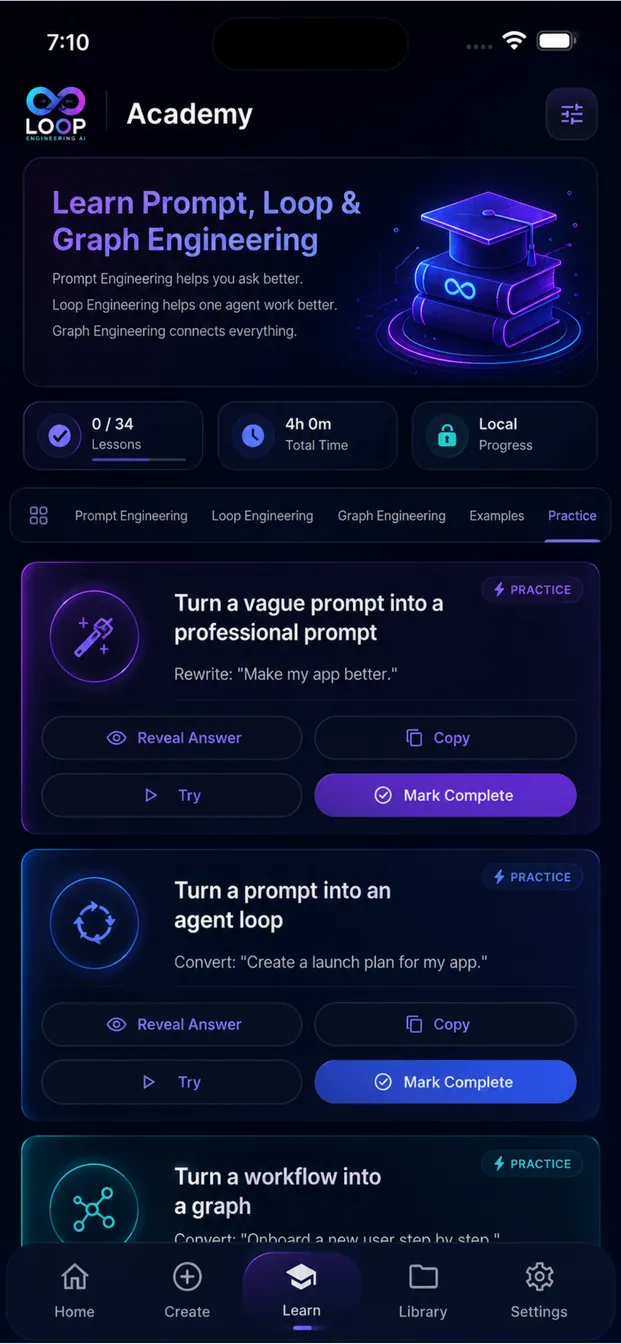 Academy practice screen with exercises for turning a vague prompt into a professional prompt and a prompt into an agent loop