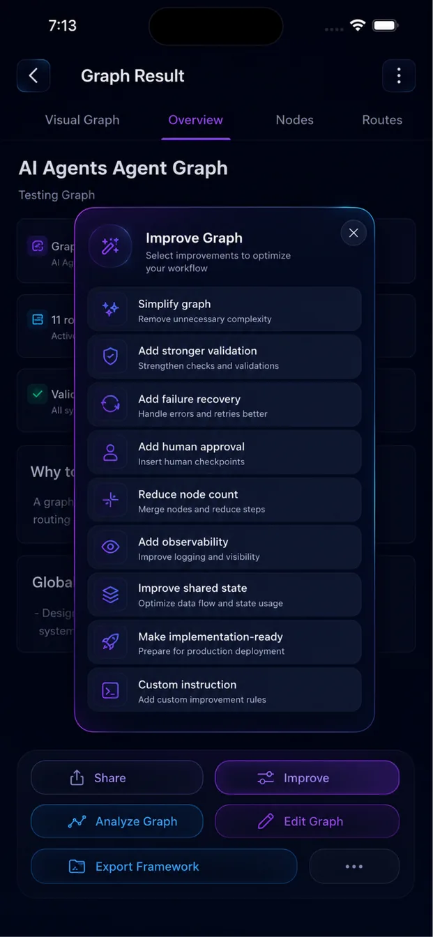 Improve Graph panel listing options to simplify the graph, add stronger validation, add failure recovery, reduce node count and add human approval