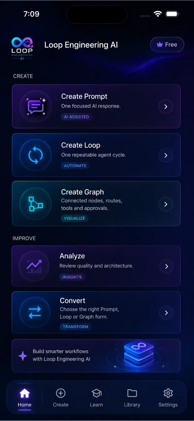 Loop Engineering AI home screen with Create Prompt, Create Loop and Create Graph options alongside Analyze and Convert tools